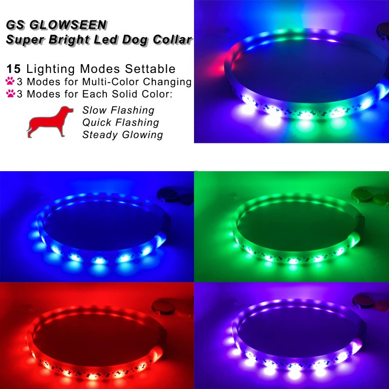 GS GLOWSEEN LED Dog Collar - Color Changeable Light Up Dog Collars USB Rechargeable,15 Light Effects Glow in The Dark Collar Weatherproof Fits for Small Medium Large Dog,Keep Your Pets Seen Safety High Visibility - Image 2